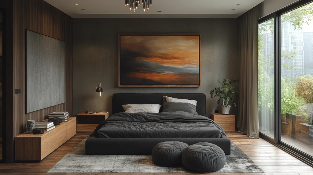 黑色木质卧室布置