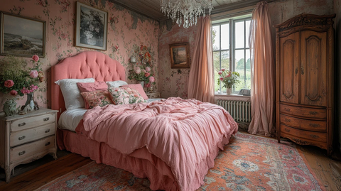 粉色床与木床头柜