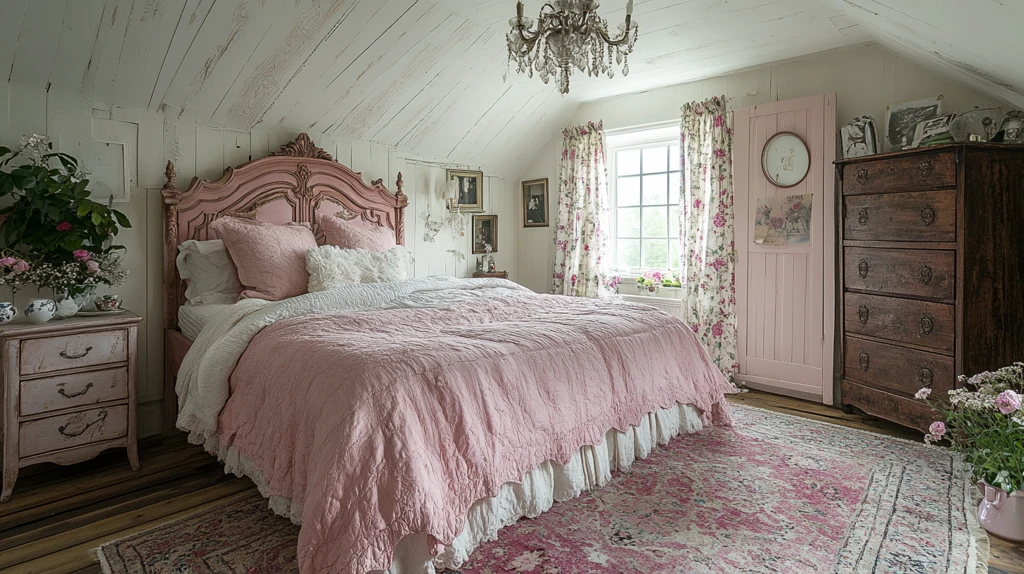 粉色床与木床头柜