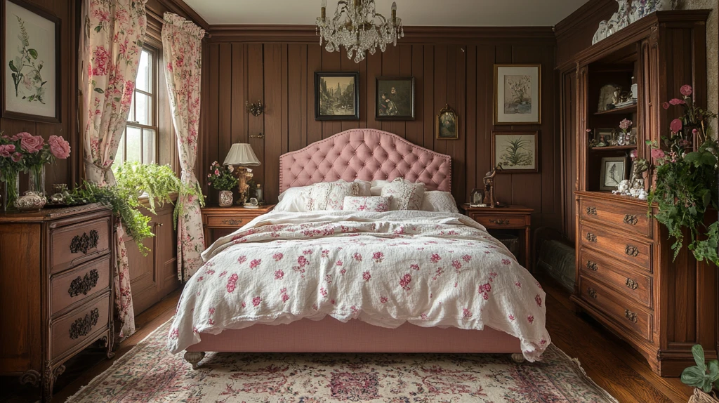 粉色床与木床头柜