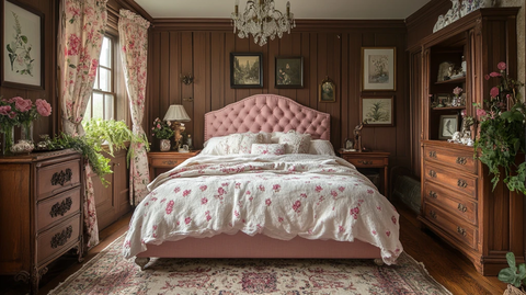 粉色床与木床头柜