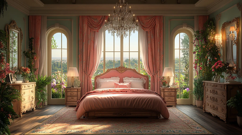 粉色床与木床头柜