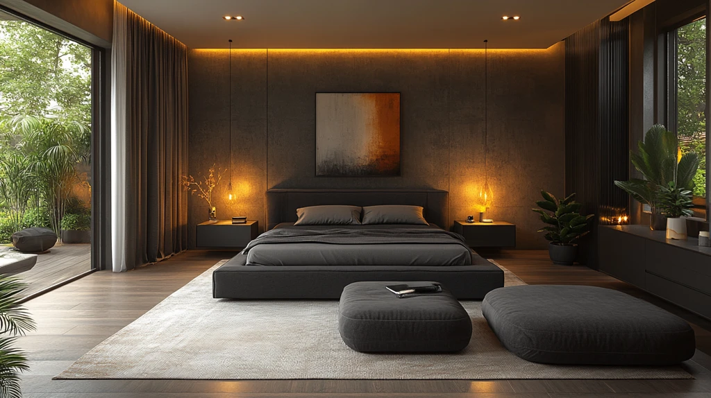 灰色床黑色床头柜