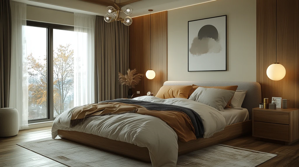 灰色床与木质床头柜