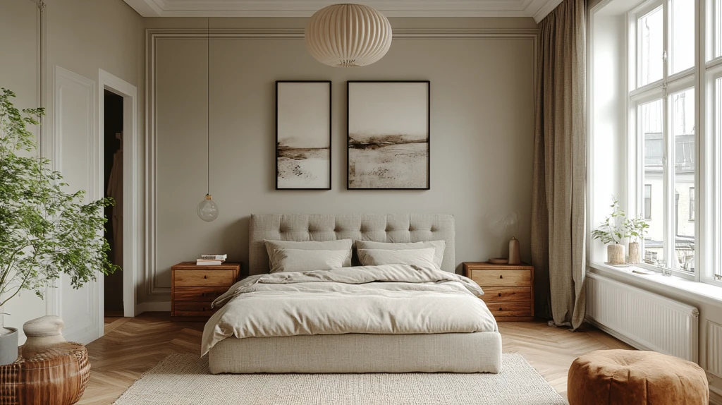 灰色床与木质床头柜