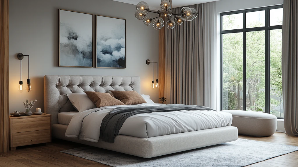 灰色床与木质床头柜