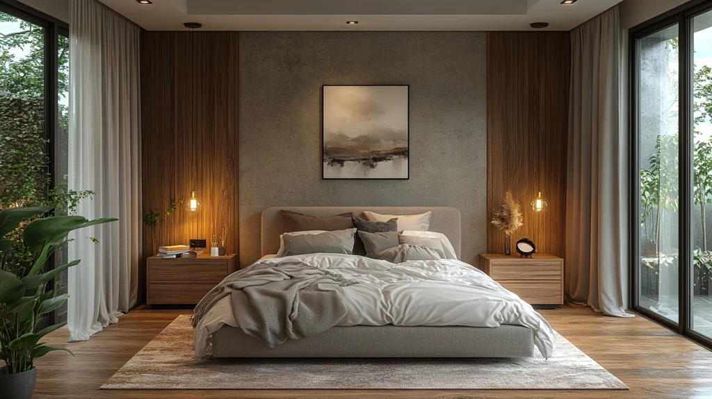 灰色床与木质床头柜