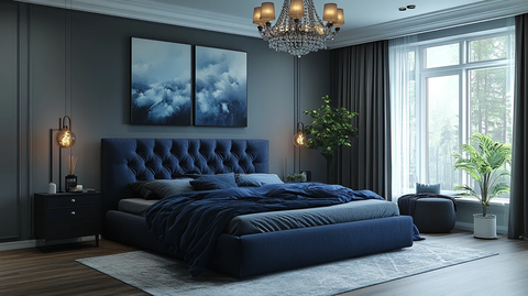 深蓝床铺黑色桌灯饰