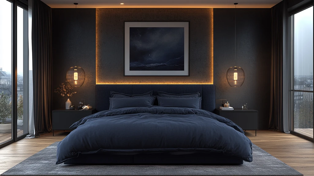 深蓝床铺黑色桌灯饰