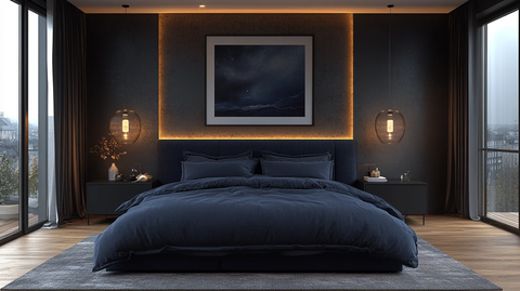 深蓝床铺黑色桌灯饰