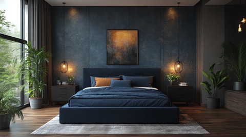 深蓝床铺黑色桌灯饰