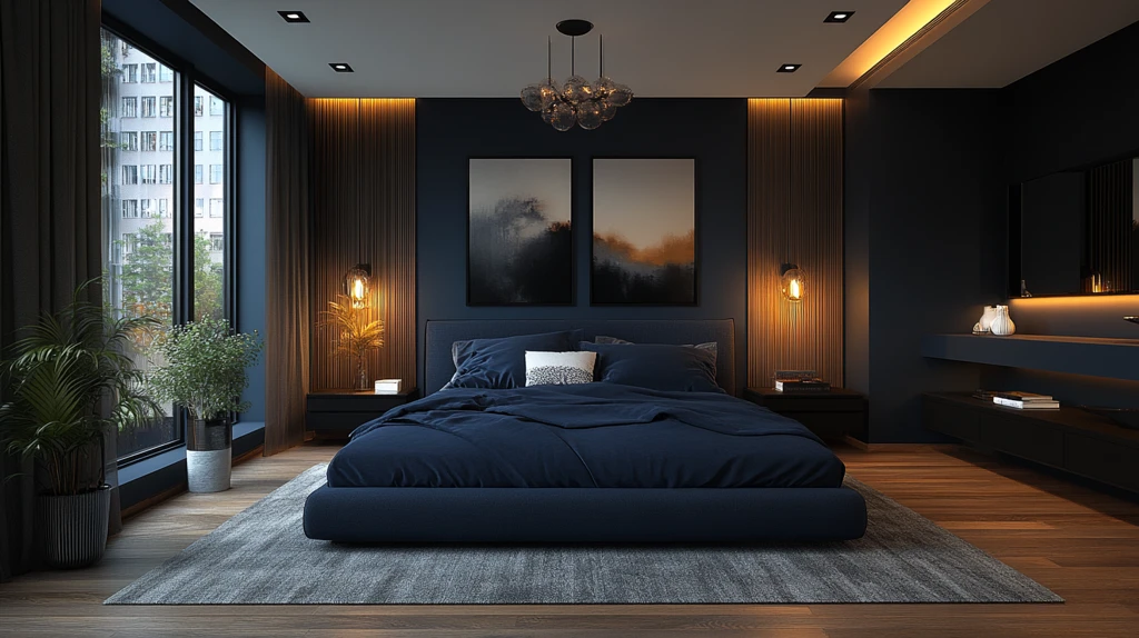 深蓝床铺黑色桌灯饰