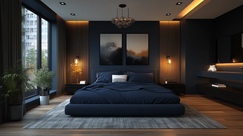 深蓝床铺黑色桌灯饰