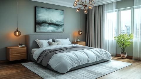 灰色床铺木质床头柜