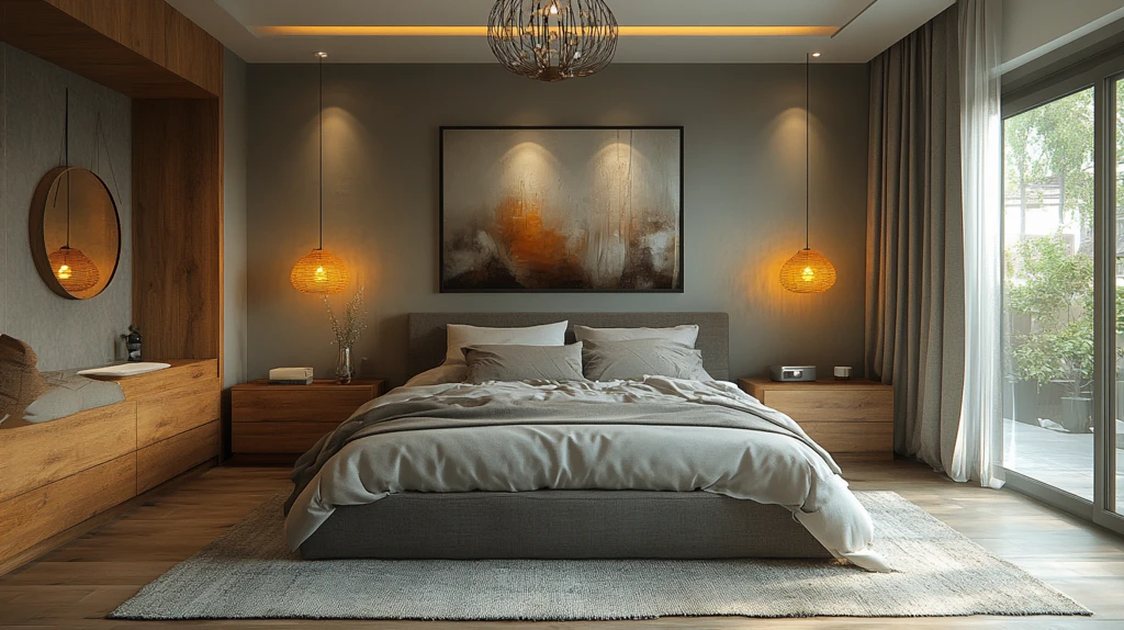 灰色床铺木质床头柜