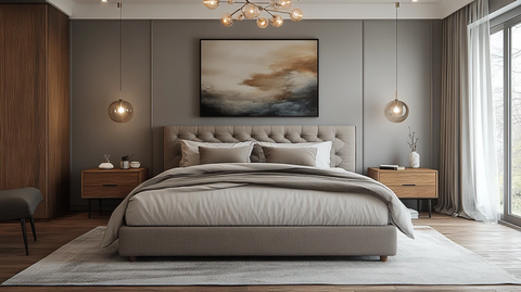 灰色床铺木质床头柜