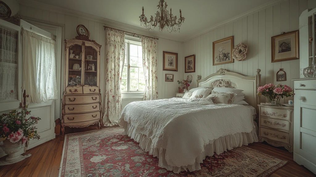 白色床铺与雕花床头柜