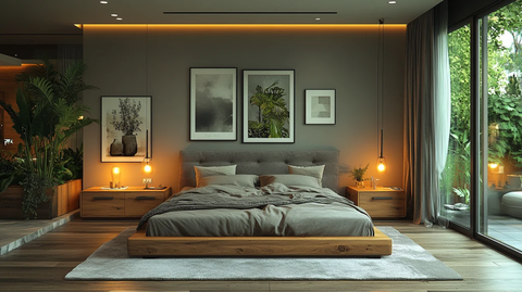 灰色木床卧室间