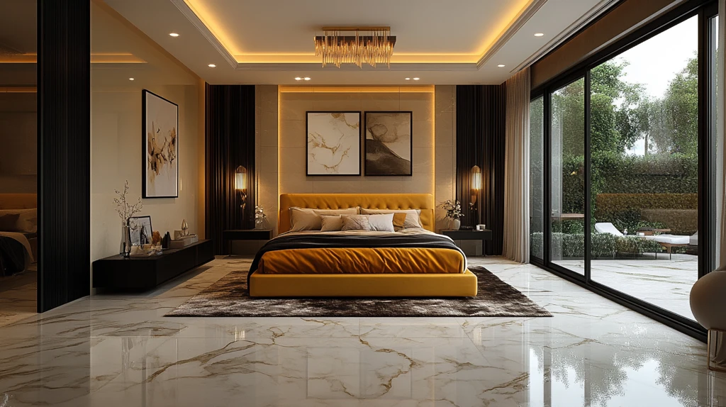 金色床榻黑色床头柜