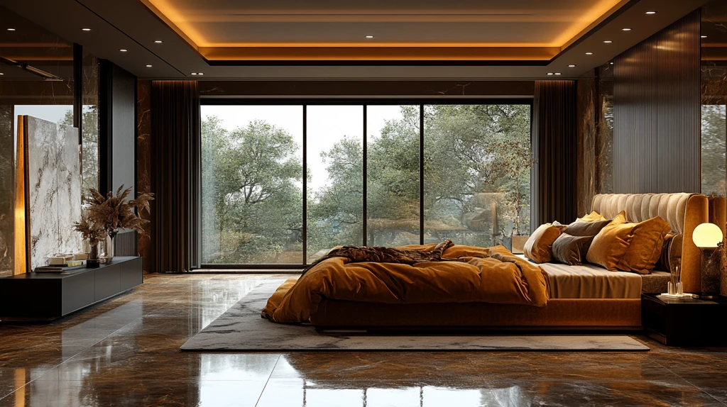 金色床榻黑色床头柜