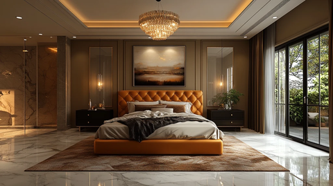 金色床榻黑色床头柜