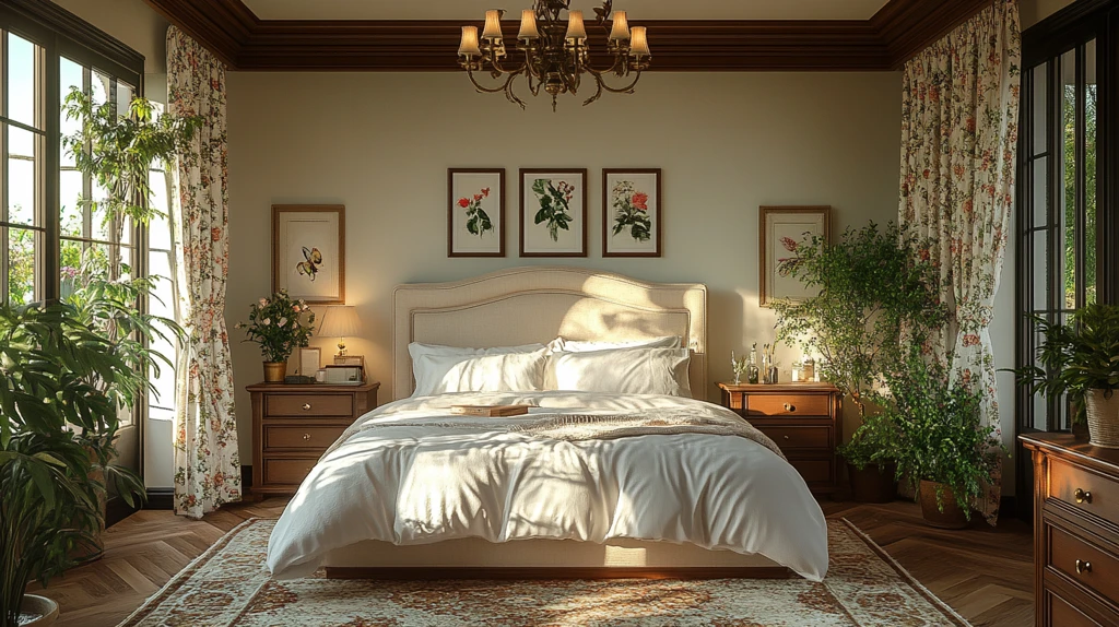 木质床头花帘卧室