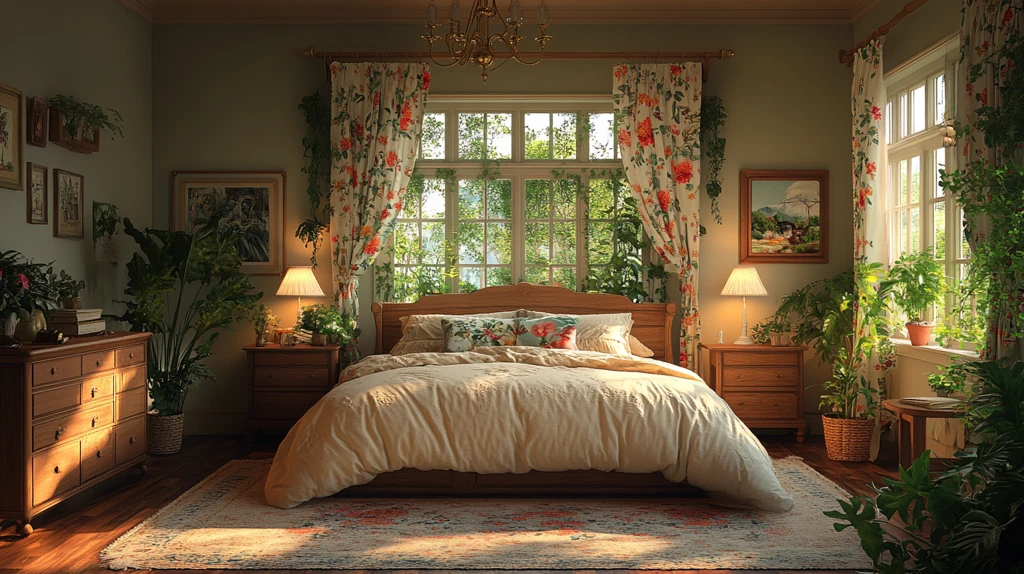 木质床头花帘卧室