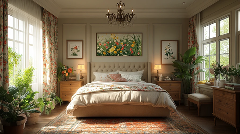 木质床头花帘卧室