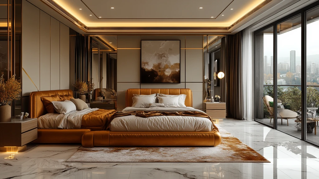 金色床铺木质床头柜