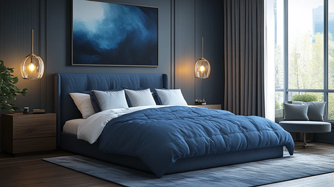 蓝色木床简约卧室