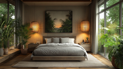 灰色床与木质床头柜