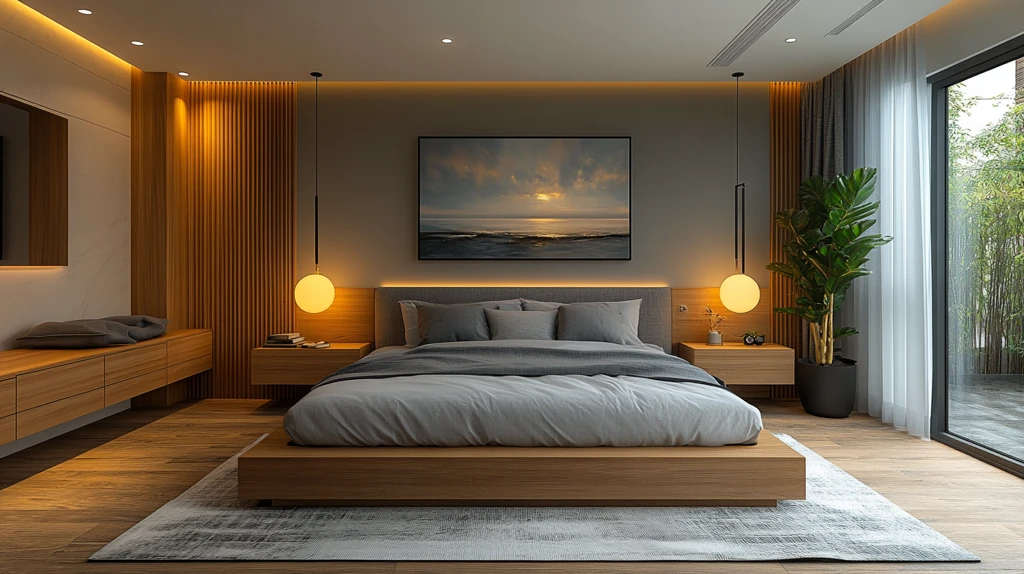 灰色床与木质床头柜