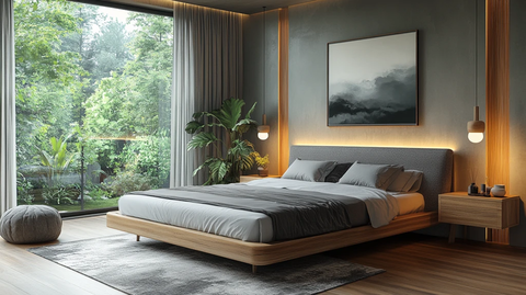 灰色床与木质床头柜