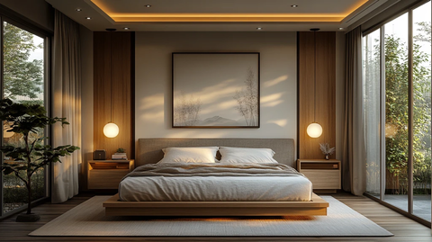 灰色床与木质床头柜