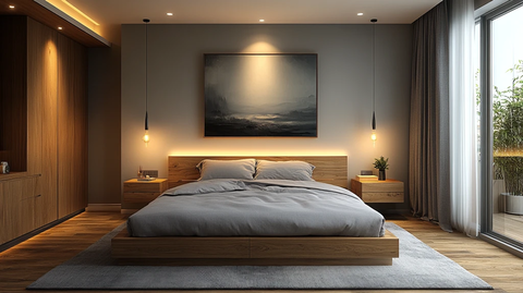 灰色床与木质床头柜