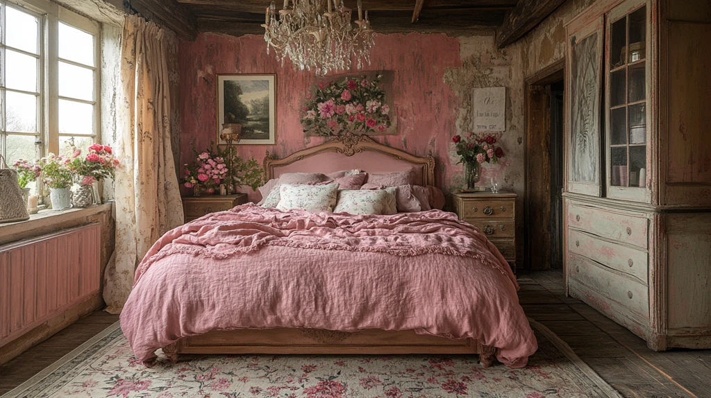 粉色床头木桌花饰