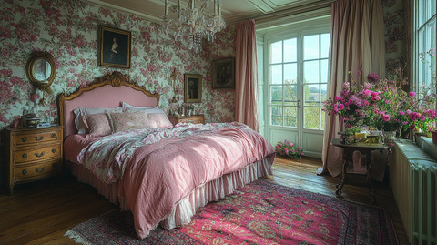 粉色床头木桌花饰