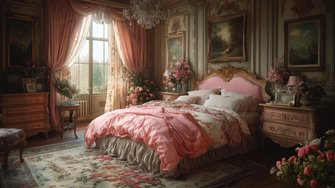 粉色床头木桌花饰