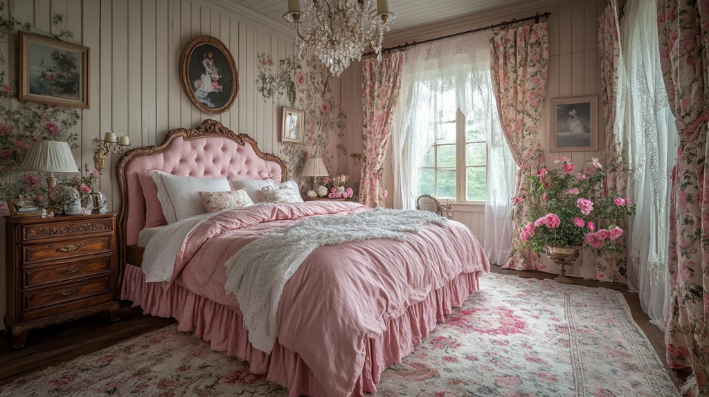 粉色床头木桌花饰