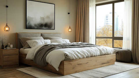 灰色床铺木质床头