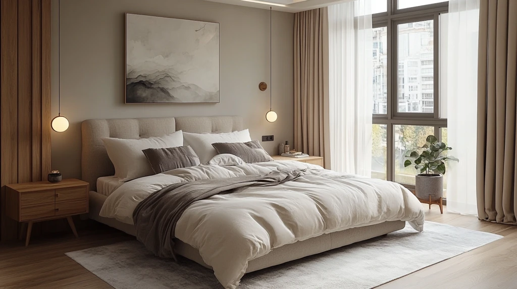 灰色床铺木质床头