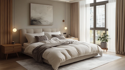 灰色床铺木质床头