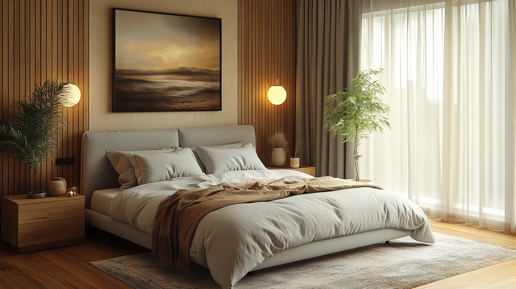 灰色床铺木质床头