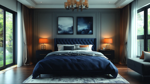 蓝色床黑色床头柜