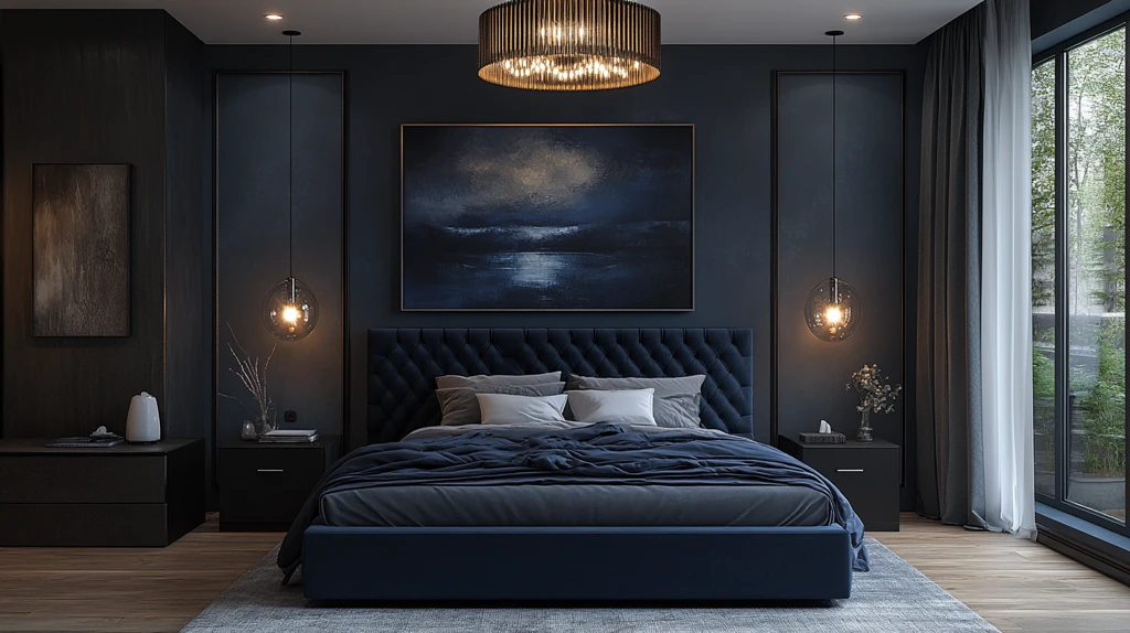 蓝色床黑色床头柜