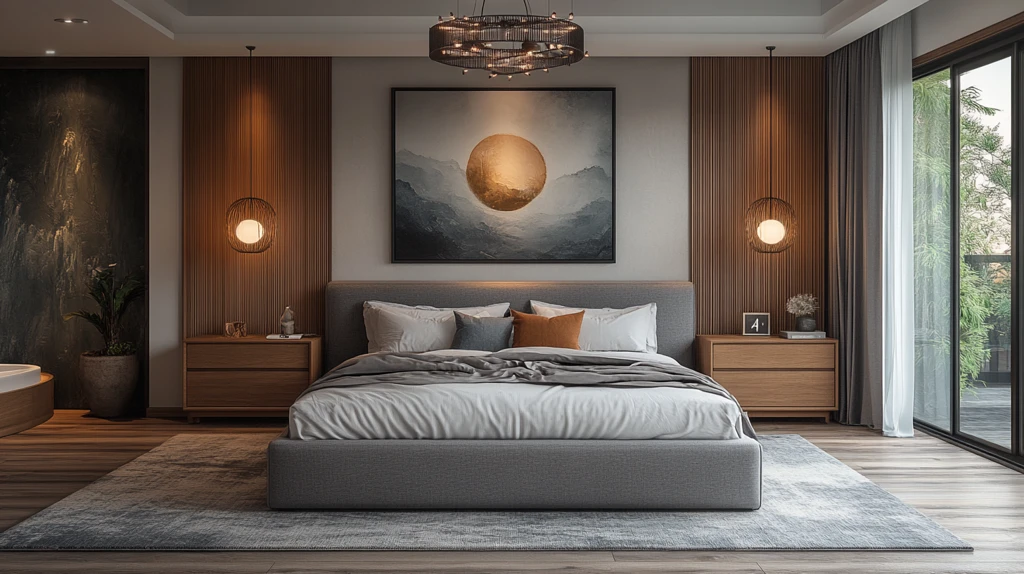 灰色木床简约卧室
