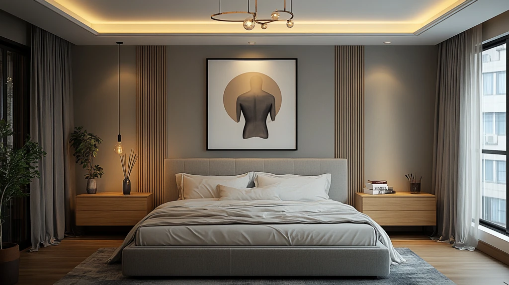 灰色木床简约卧室