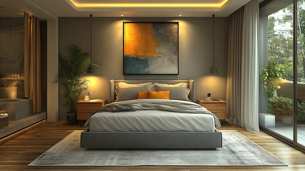 灰色木床简约卧室