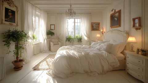 白色床与雕刻床头柜