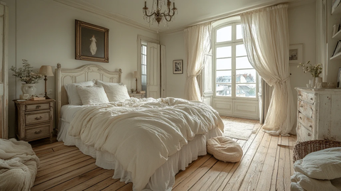 白色床与雕刻床头柜